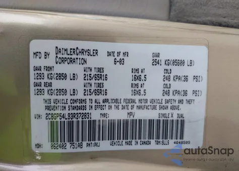 2003 Chrysler Town & Country Lxi z USA, uszkodzony, nr VIN 2C8GP54L93R372831